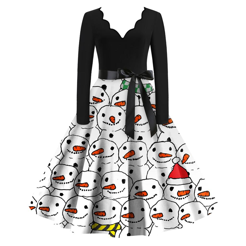 Women's Casual Fashion V-neck Long Sleeved Retro Christmas Print Retro Dress Autumn