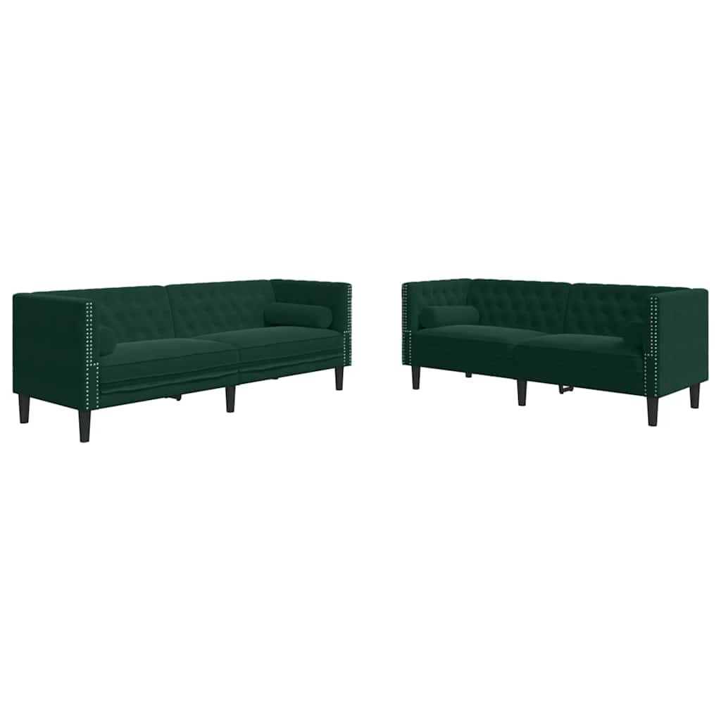 2 Piece Chesterfield Sofa Set with Neck Pillows Dark Green Velvet