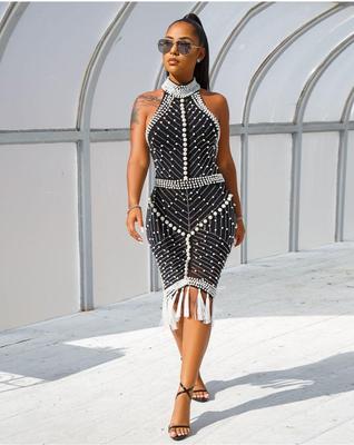 European & American Fashion Diamond Beaded Tassel Halter Neck Sleeveless Short Skirt