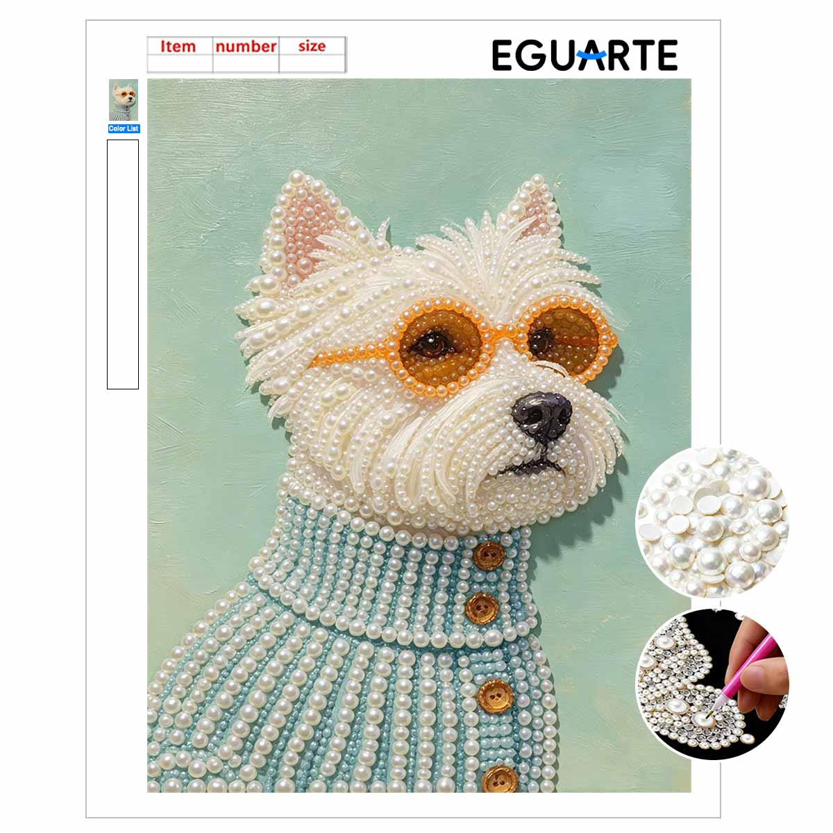 Pearl painting diy sticky diamond creative white dog sunglasses diamond painting kit living room hanging painting 30x40