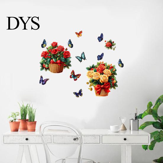 Easy to Apply Floral Decal Set Rose Flowers Wall Stickers with Butterflies, PVC Waterproof Decals, Removable Creative Soft Decoration Gifts