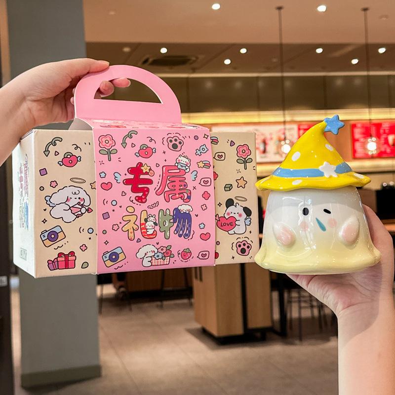 Søt og morsom spøkelseskopp, keramisk jentekopp med lokk, suvenir, praktisk gaveeske til gutter, bursdagsgave.