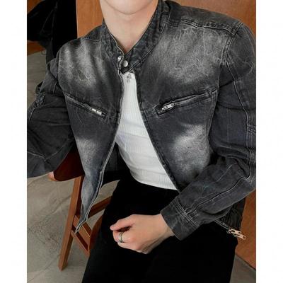 Chaqueta Vaquera Corta Pi Shuai para Hombre Otoño Holgada Cuello Alto Estilo Coreano Diseño Moderno Top