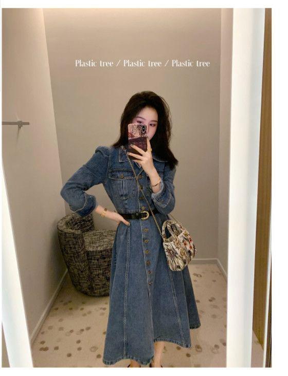 Hong Kong Retro Denim Shirt Dress for Women: Slim-Fit, Elegant, Single-Breasted, Perfect for Spring & Autumn