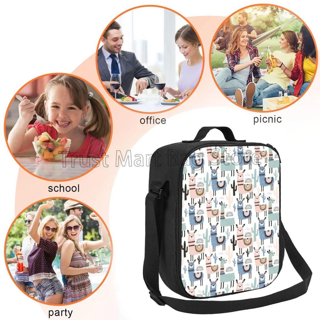 Cute Alpaca Animal Insulated Lunch Bag for School Work Office Picnic Llama Cactus Tote Lunch Box Containers with Shoulder Strap