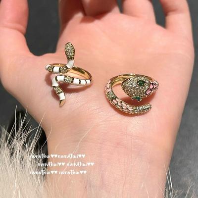 Italian Retro Snake Drop Glaze Gemstone Ring, New Year's Jewelry, Gilt Snake Zircon Ring Stacked