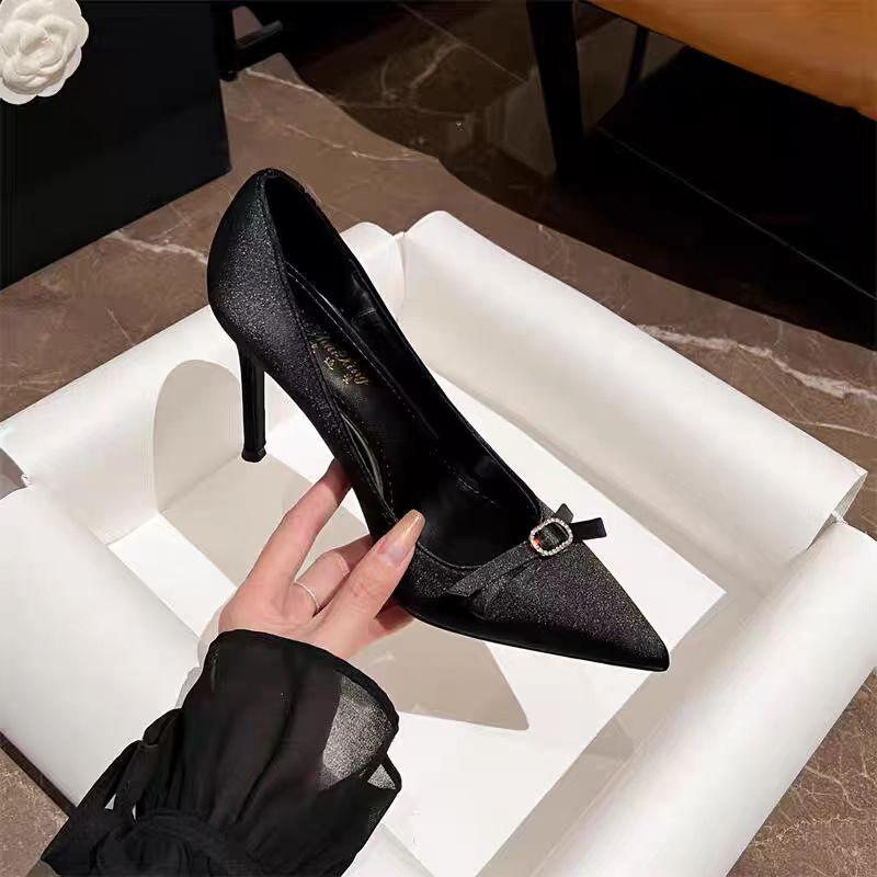 With skirt French super beautiful high heels women's 2025 spring and autumn new pointed high heels bow temperament bridesmaid wedding shoes