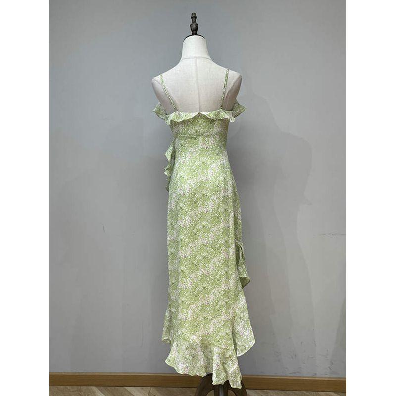 Spring and Summer Standard American Single ASTR Fresh Oxygen Feeling Green Frill White Floral Sling Fairy Dress