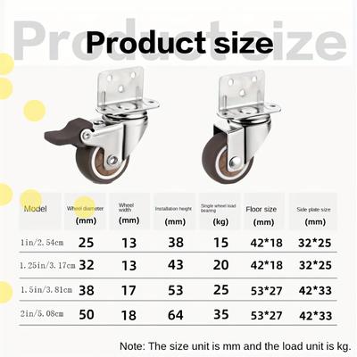 4 Pcs 1/1.25/1.5/2 Inch L-Shaped Side Mount Caster Wheels Small Rubber Furniture Castors Swivel Cartwheels for Trolley Cabinet
