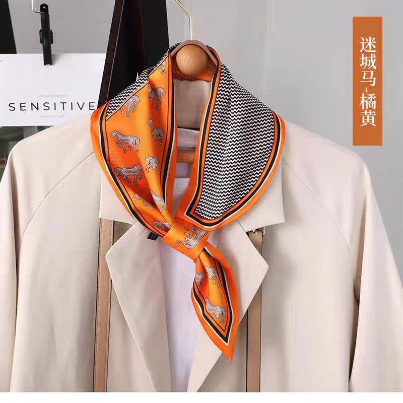 Printed spring new ear silk scarf Korean version double-sided small ear scarf interspersed with streamer women's versatile neck protector