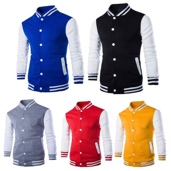 Chaqueta de otoño-invierno para hombre, cuello alto, color a juego, un solo pecho, manga larga, cárdigan a rayas, bolsillo, corte ajustado, abrigo de béisbol de longitud media