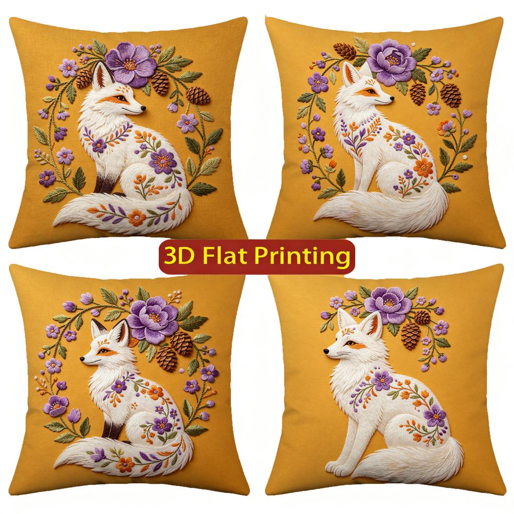 Embroidered Style Floral Fox Throw Pillow Covers Pattern Cushion Cover Suitable For Sofa Bedroom Car Pillow Cover