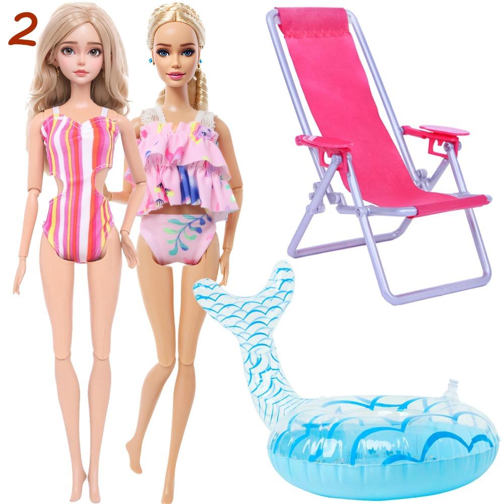 4 Przedmioty Akcesoria do Kostiumów Kąpielowych dla Lalki 2x Kostium Kąpielowy Bikini 1x Leżak Plażowy 1x Nadmuchiwany Koło do Pływania 30CM Ubranka dla Lalki 11,8 Calowa Zabawka Lalka