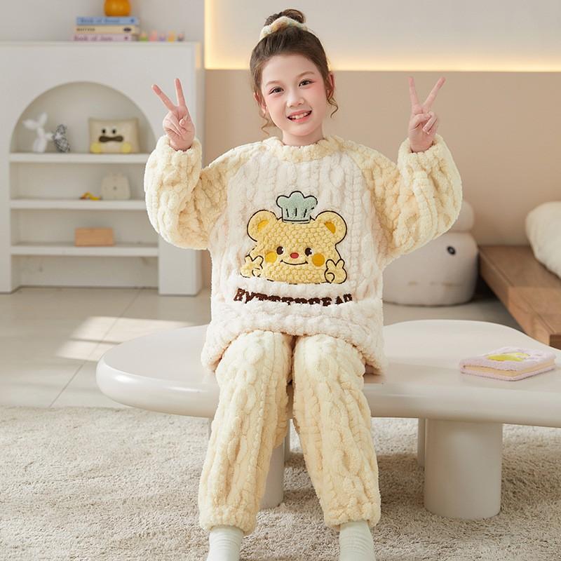 Girls Winter Warm Coral Fleece Pajama Set Long Sleeve Cartoon Print Kids Home Wear Sleepwear Ages 8