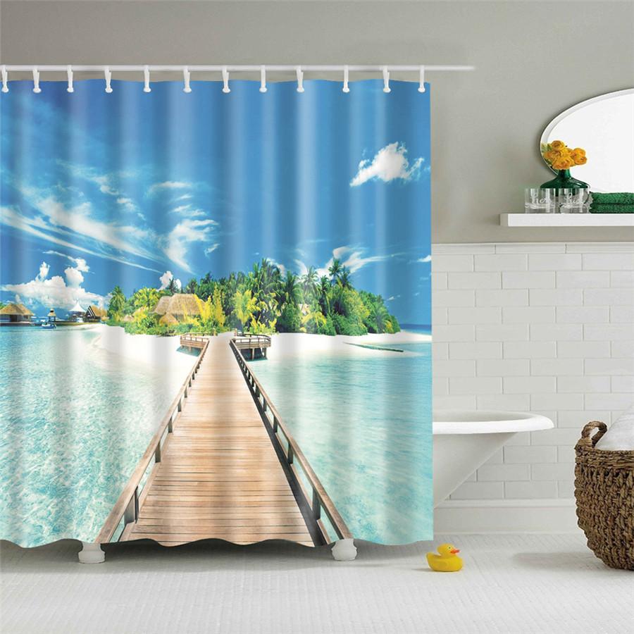 Meeresufer Strand Meereswelle Kokospalme Duschvorhänge Badezimmervorhang Stoff Wasserdicht Polyester Badvorhang Mit Haken