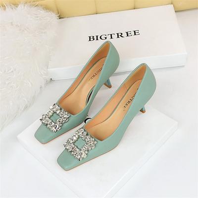 Fashion Comfortable Simple Women's New Green Wine Glasses High Heels Shallow Mouth Square Toe Diamond Buckle Spring Single Shoes