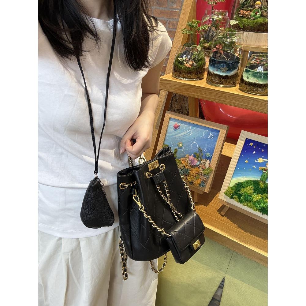 Sheepskin Backpack 2025 New Diamond Chain Bag Casual Versatile Leather Large Capacity Bucket Bag Women