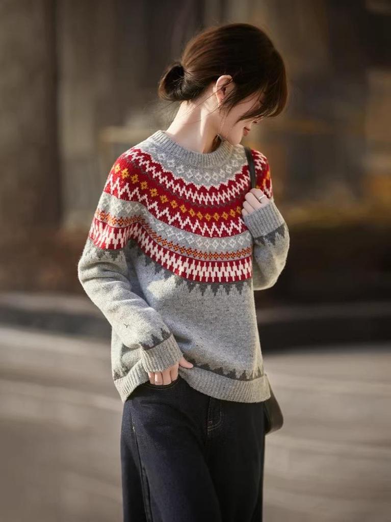 Women's Korean Style Fair Isle Wool Sweater - Loose Fit, Seamless Round Neck Jacquard Knitwear