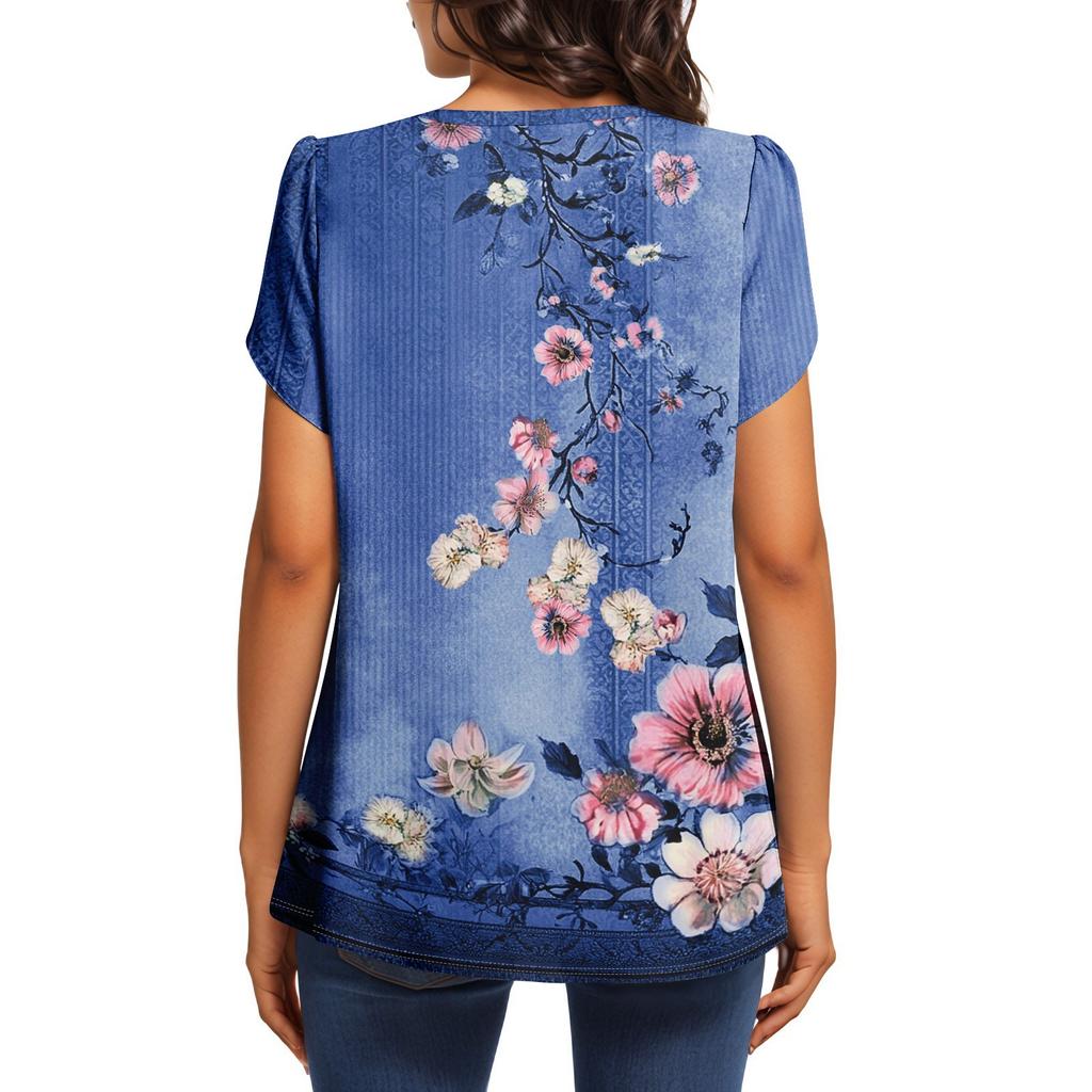 Damen Modisches Rundhals Kurzarm Bedrucktes Lässiges Basic Plissiertes Pullover T-Shirt Top