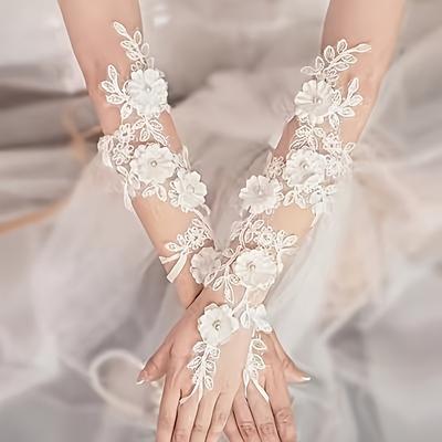 Elegant White Wedding Gloves with Flower Accent European Style Bridal Gloves Hollow Finger for Full Finger Coverage