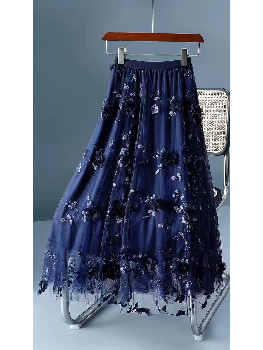 

Весенняя юбка А-силуэта с высокой талией, двойным слоем сетки и 3D вышивкой цветов One Size темно-синий