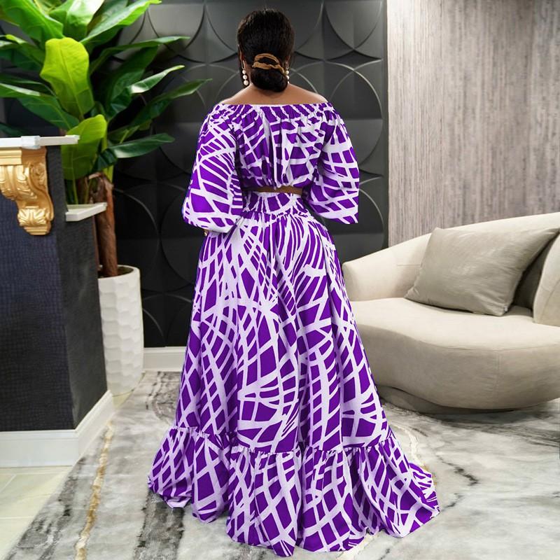 MY963 Womens Plus Size Floral Print Two-Piece Set Long Sleeve A-Line Maxi Skirt Outfit Casual Dressy Ensemble