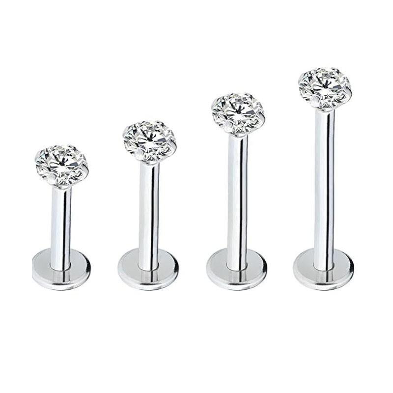 G23 Titanium Four-Prong Flat-Bottom Zirconia Earring Stud for Ear and Lip - European American Style Piercing Jewelry. 1.2*10*3mm серебряный