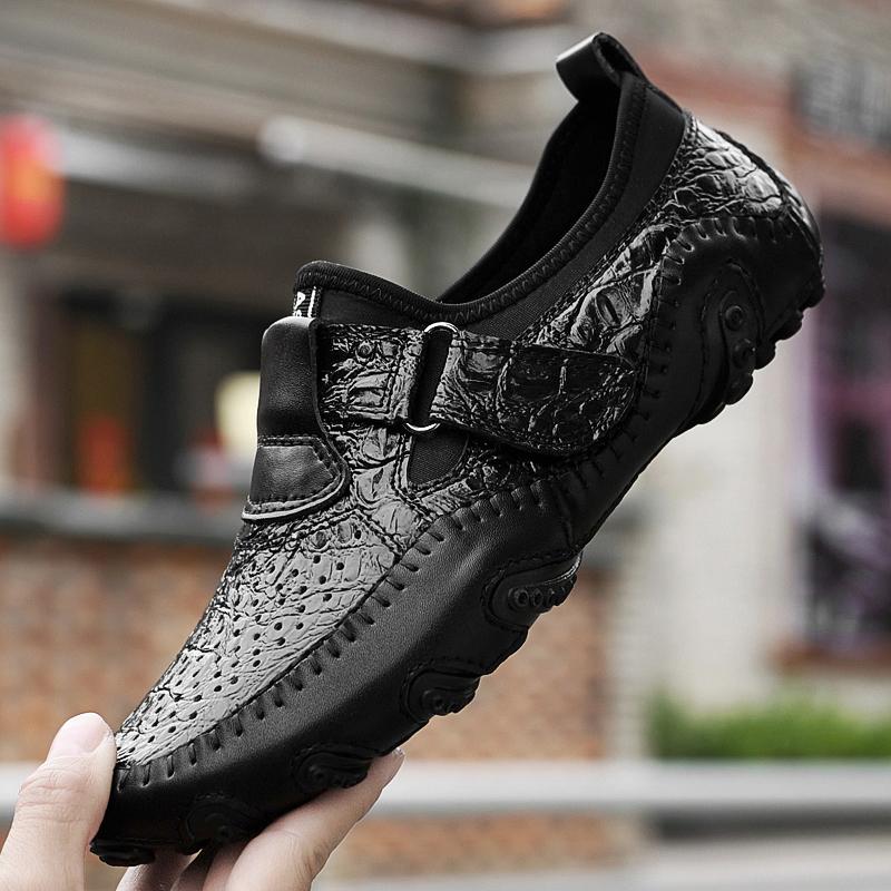 Men's Leather Crocodile Patterned Bean Shoes Hollow Breathable Large Size Octopus Shoes Brand Full Grain Leather Men Dress Shoes