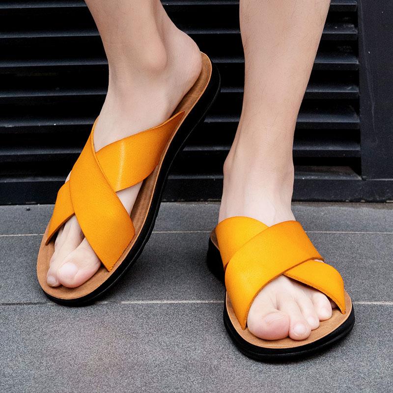 Fashion New Arrivals Italian Leather Slippers for Men Summer Hotel Beach High Quality Slip on Light Flats Male Flip Flops Big Size 38-47