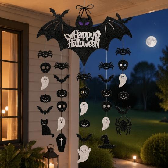 Party Atmosphere Accents Happy Halloween Bat Hanging Door Sign, Spooky Skull Spider Paper Festive Holiday Supplies Ornament, Large Wall Hanger