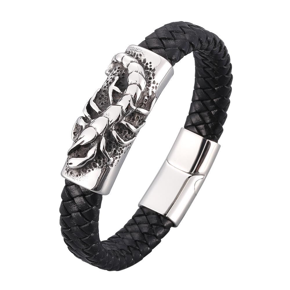 Classic Black Leather Scorpion Bracelet with Stainless Steel Magnetic Buckle