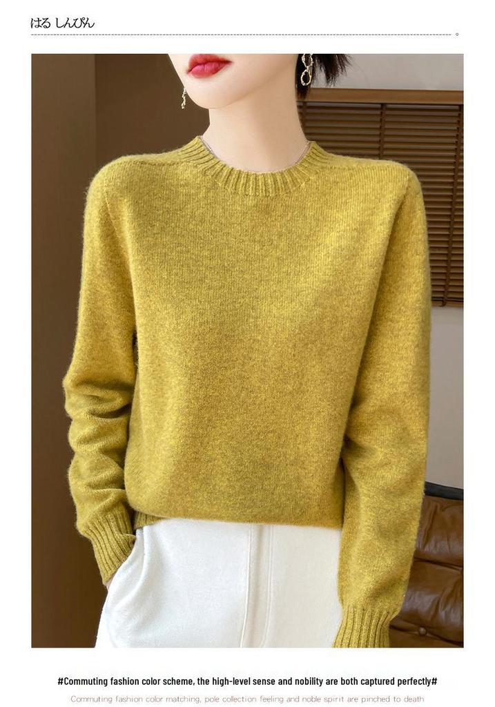 Women's Round Neck Long Sleeve Cashmere Wool Sweater - Autumn/Winter Fashion Layer