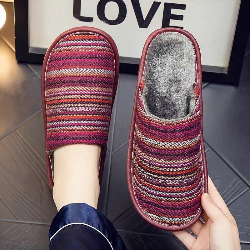 Japanese cotton slippers spring autumn and winter couple home indoor wooden floor soft cloth bottom silent non-slip cotton and linen slippers