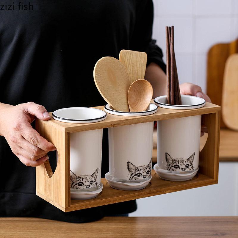 Cat Ceramic Chopsticks Holder Set Drain Rack Chopstick Cage Cutlery Box Kitchen Storage Organizer Chopsticks Box Storage Rack