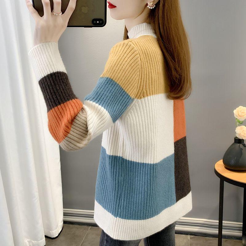 Fall Winter Women's Crew Neck Sweater Loose Contrast Knit Sweater Long Sleeve Pullover Knit Jumper Top