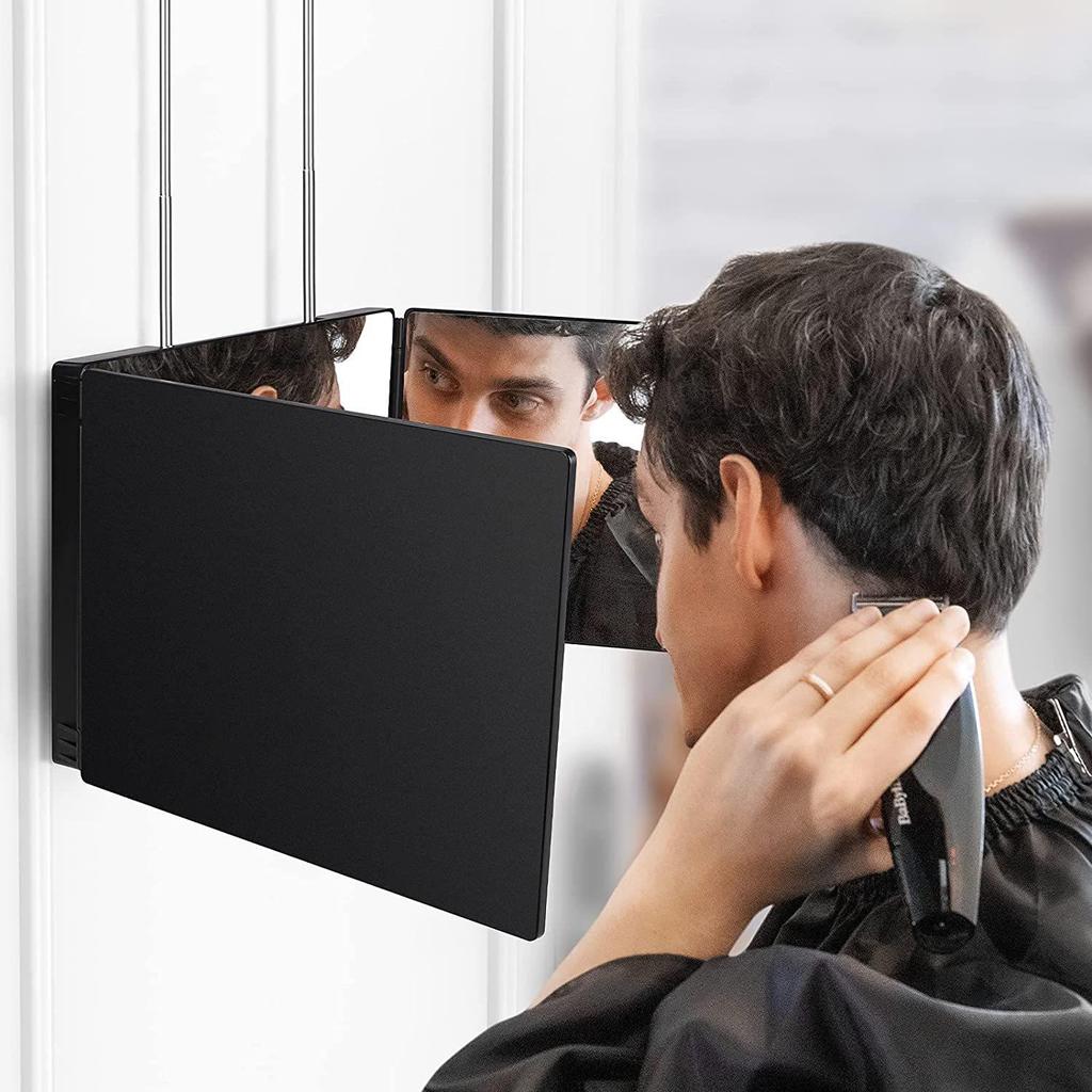 Specchio Pieghevole a Tre Vie per Taglio di Capelli Fai-da-Te con Barra Telescopica Regolabile per la Vista Posteriore