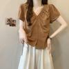 2025 Plus Size V-Neck Pleated Short-Sleeve Shirt - Slimming Waist, Elegant Fashion Top