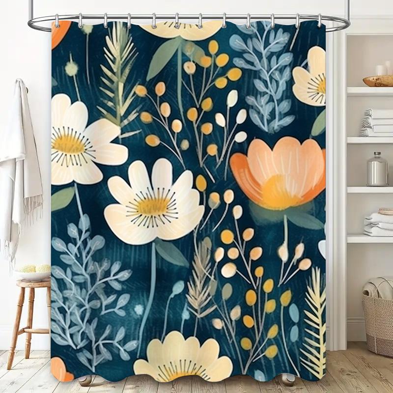 Rustikaler Blumiger Duschvorhang Blau Weiß Gelb Orange Badezimmer Dekor Sichtschutz Stangentasche Haken Für den Heimgebrauch Modernes Design Wasserdicht