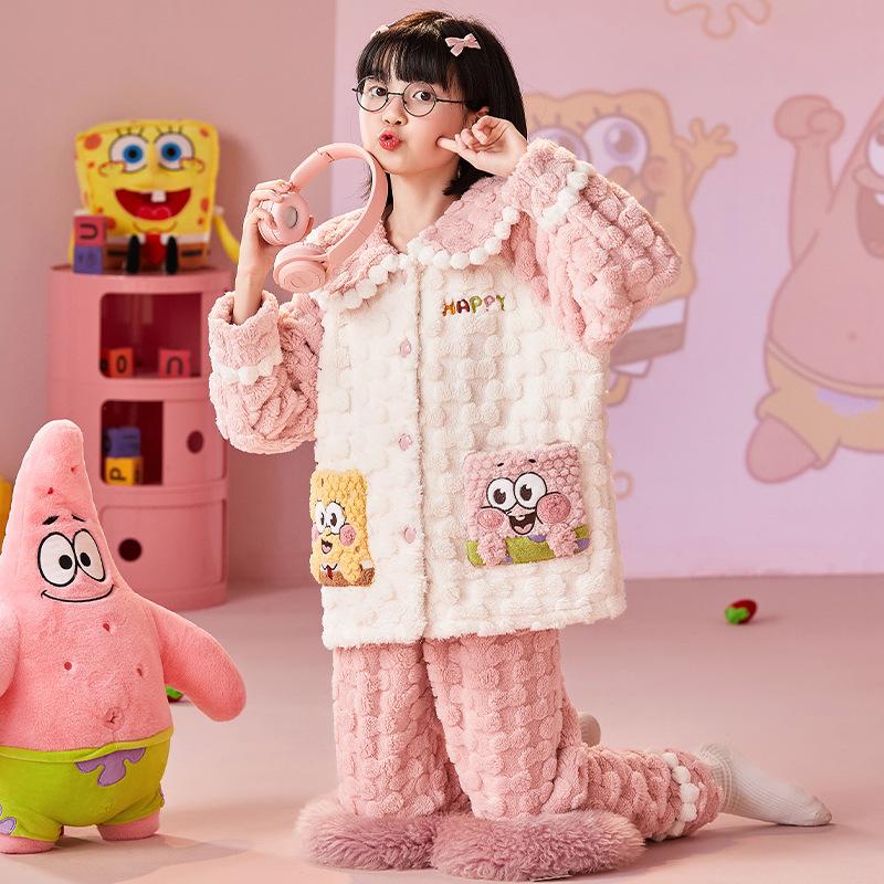 Kids Flannel Pajamas Set Boys Girls Warm Long Sleeve Top And Pants Sleepwear Winter Home Nightwear
