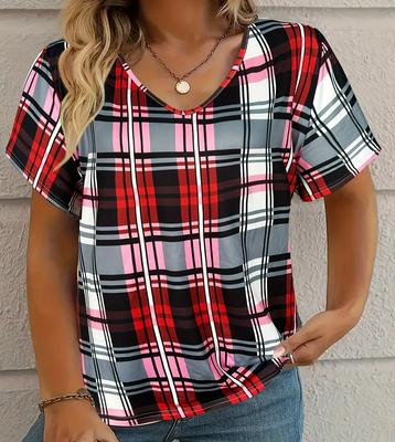 Camiseta Tamanho Plus S-8XL para Verão Feminino Lazer Simples Gola V Xadrez Manga Curta Top Solto Casual Camiseta Feminina Pulôver