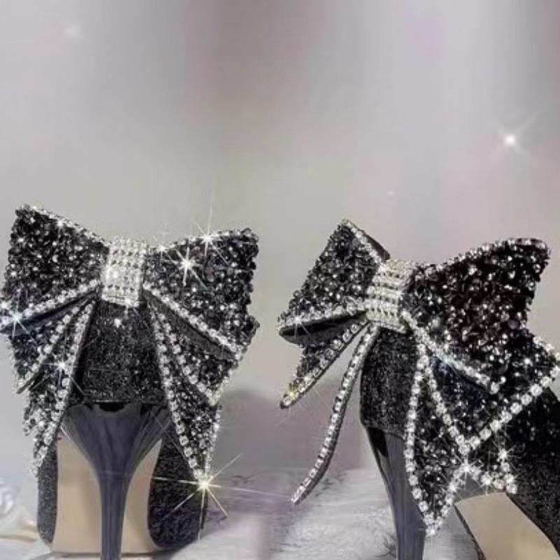 Silver Crystal High Heels Women's Slim Heels Age Into Dress Temperament Bow Light Mouth Wedding Shoes Bride Shoes