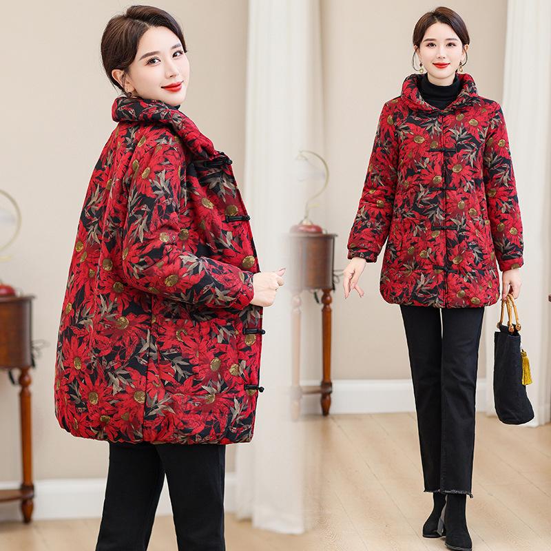 New Women's Cotton Jacket, New Chinese Mid-length Padded Jacket, Fleece Winter Jacket, Thickened Cotton Jacket