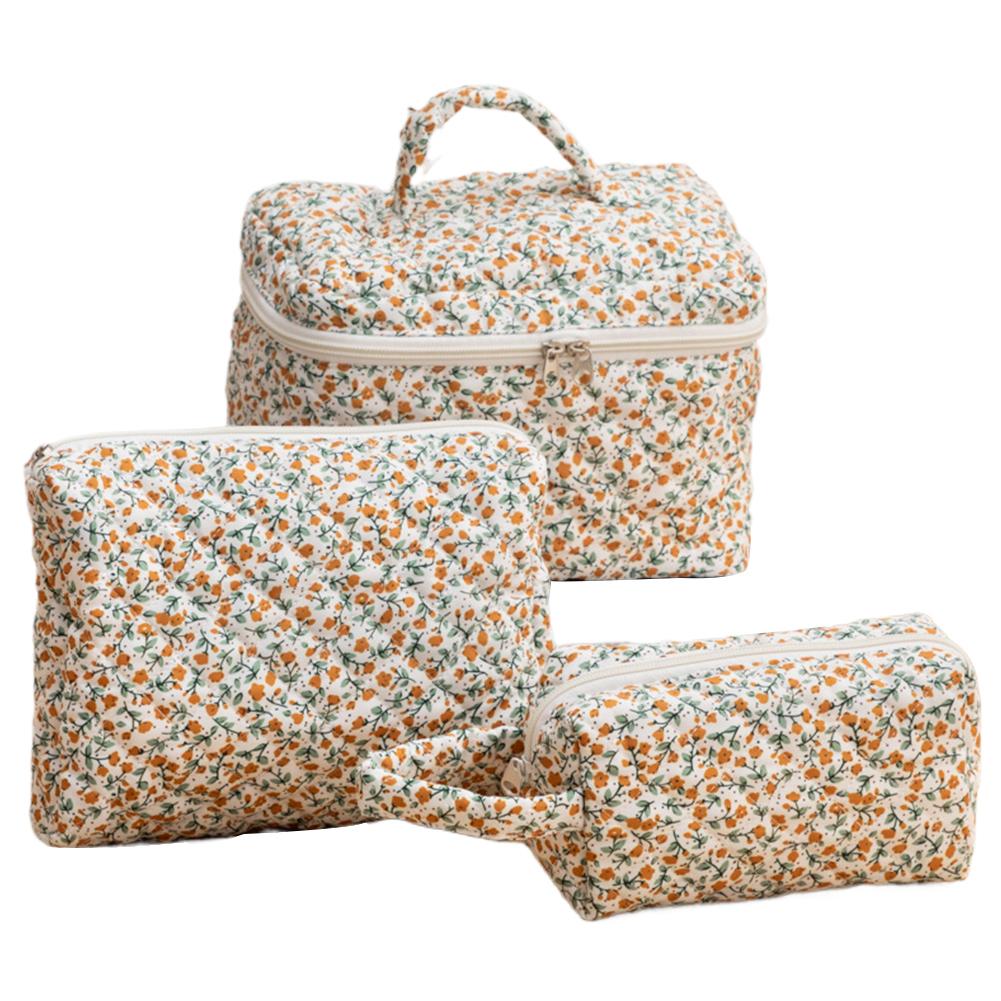 3Pcs Floral Toiletry Bag Cotton Quilted Makeup Organizer Storage Bag Large Capacity Cosmetic Organizer Case for Women and Girls