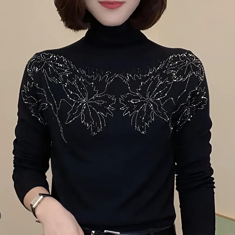 Autumn Winter New Heavy Industry Hot Diamond Half Turtleneck Thin Velvet Loose Long-sleeved Bottoming Shirt Top