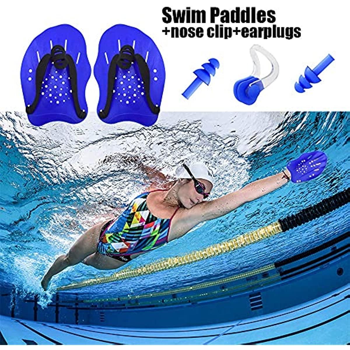 

Ручные весла для тренировки плавания с берушами и зажимом для носа, регулируемыми ремнями. Контурные весла для плавания для женщин, мужчин и детей. Профессиональные аксессуары.