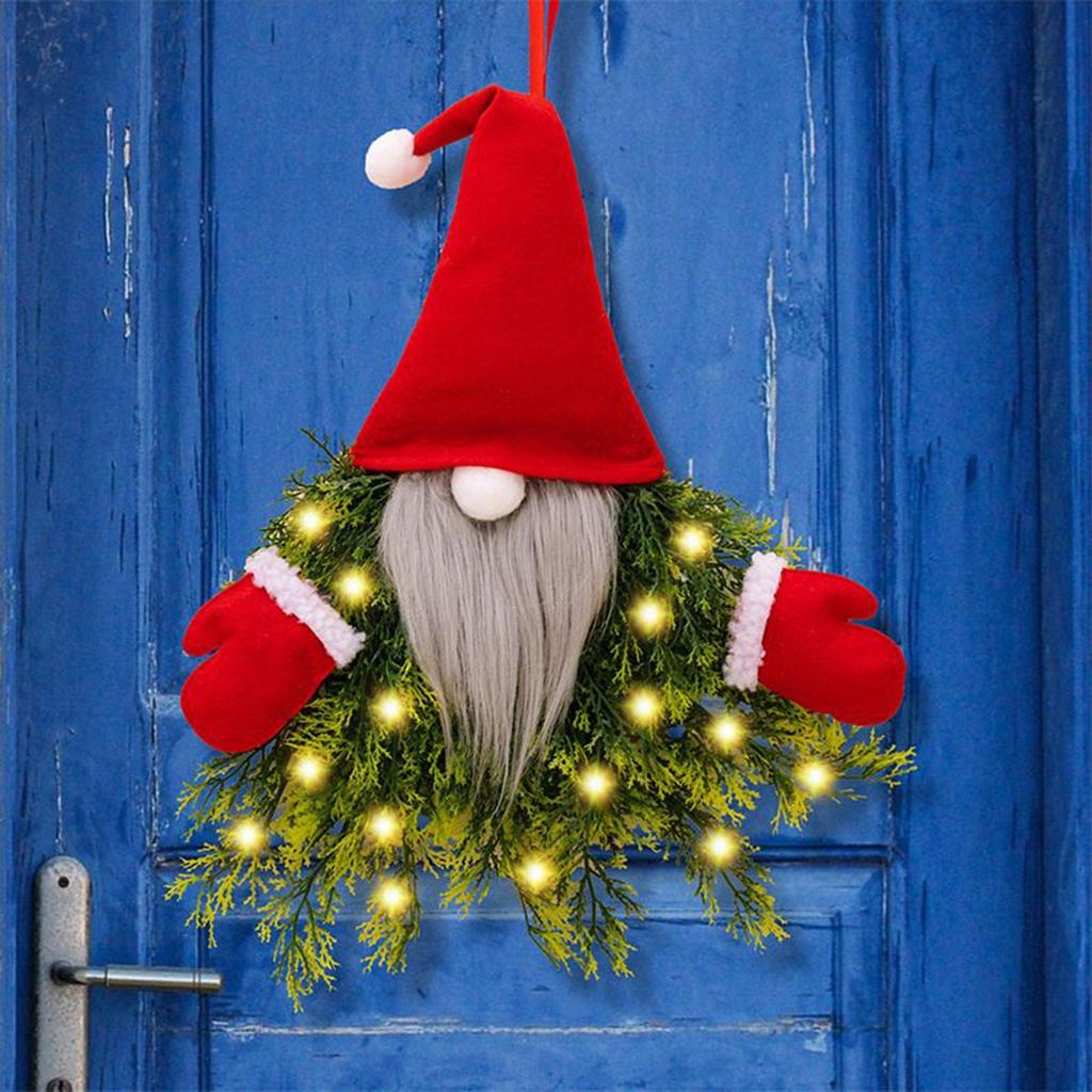 Outdoor Christmas Wreath with LED Lights Home Decor Gnome Winter Wreath Holiday Decor for Indoor Window Fireplace Shelf Bedroom
