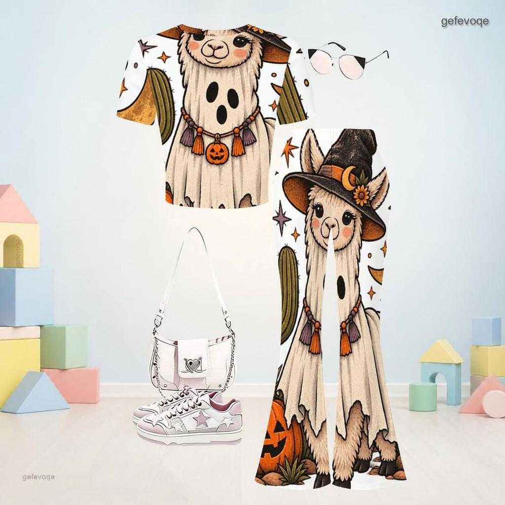 Girls Round Neck Short Sleeve Panda Ghost Printed Top And Flared Pants Two Piece Set