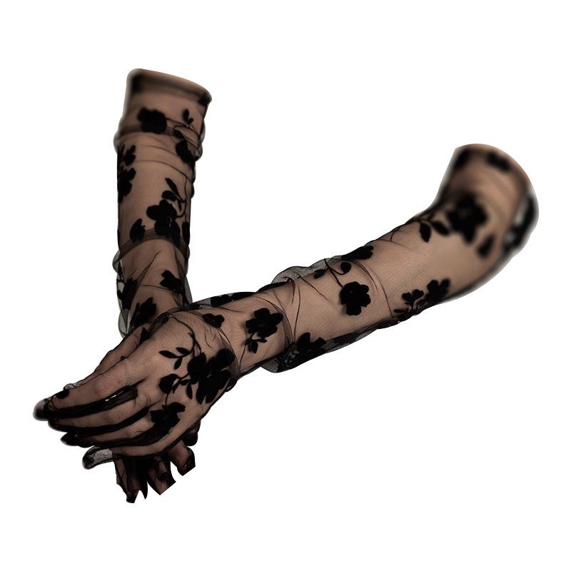 Elegant Thin Black Lace Bridal Evening Gloves with Floral Mesh Design