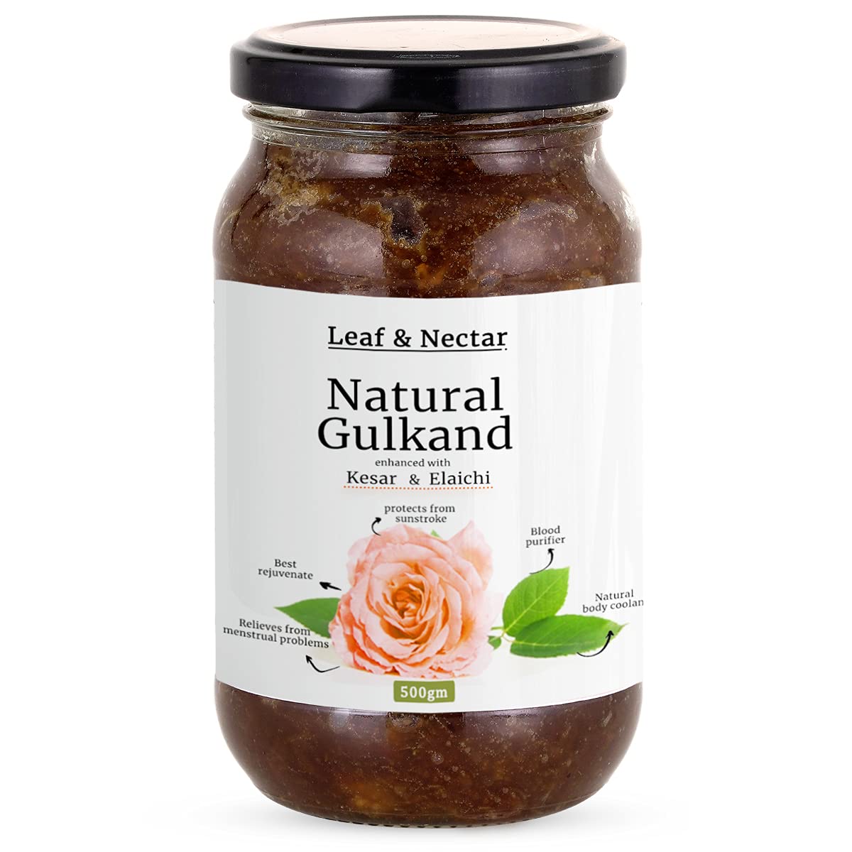 Leaf & Nectar Natural Gulkand | with Kesar & Elaichi - Prepared Using Damask Rose & Rock Sugar | Natural Organic (500 gm)