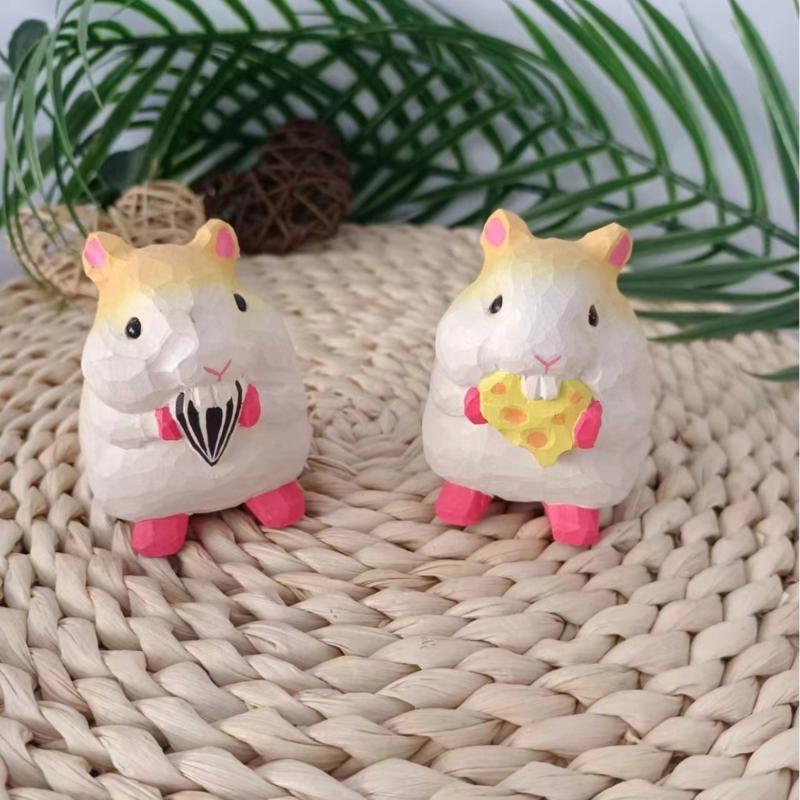 Miniature Foodie Hamster Figurine Fun Wooden Carvings Animal Statue Ornament for Nursery and Bedroom Desktop Decors Gift